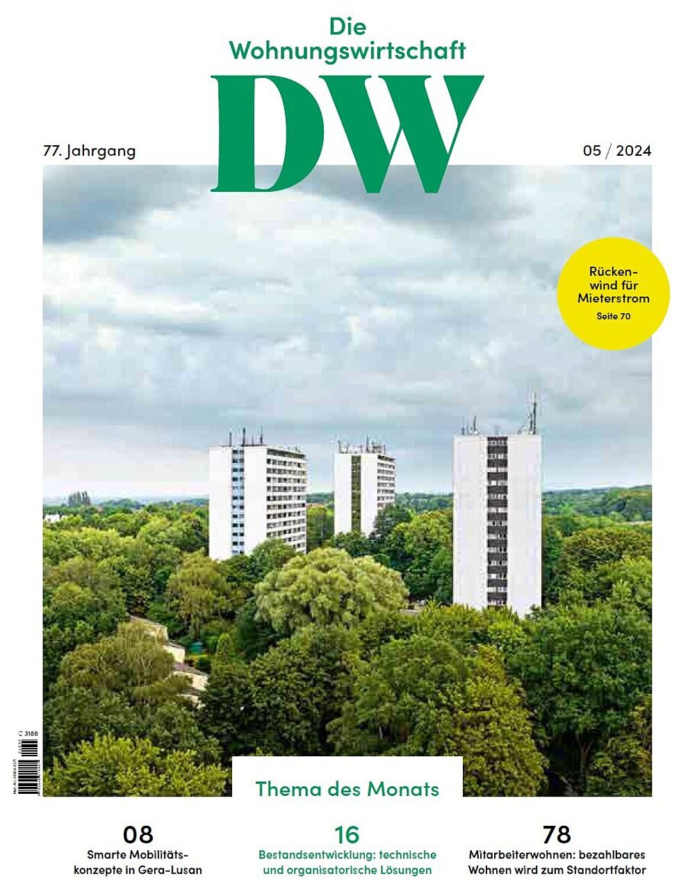 Titel des Magazins DW Die Wohnungswirtschaft Heft 5/2024, drei hohe Mehrfamilienhäuser ragen über grüne Bäume hinaus