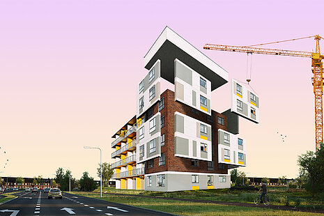 Grafik Haus mit Fassaden in der Luft und Kran im Hintergrund
