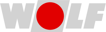 Logo des Unternehmens Wolf, graue Schrift mit rotem Punkt im Buchstaben O