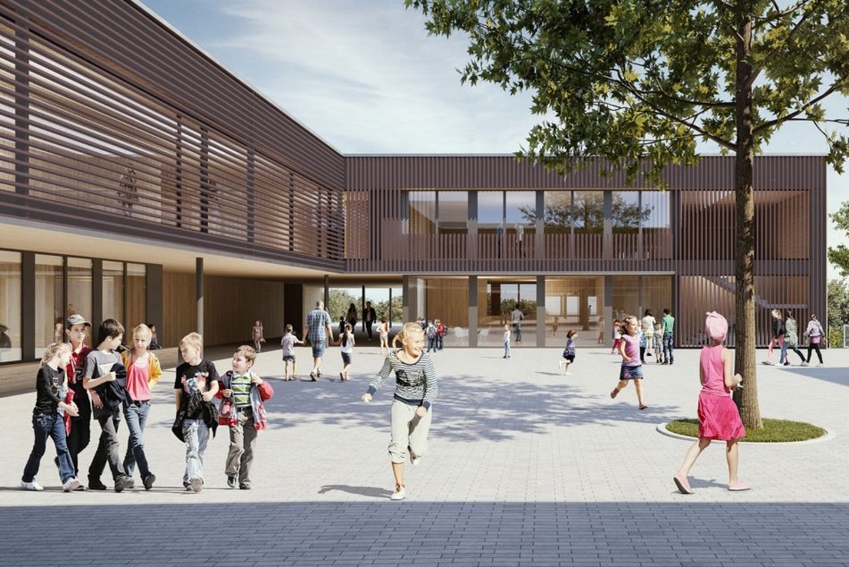 Rendering eines Schulgebäudes mit Pausenhof, auf dem Hof sind mehrere Kinder im Grundschulalter.