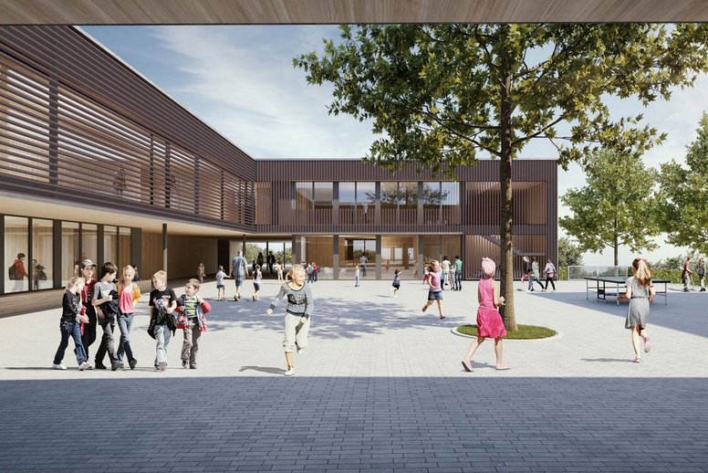 Rendering eines Schulgebäudes mit Pausenhof, auf dem Hof sind mehrere Kinder im Grundschulalter.