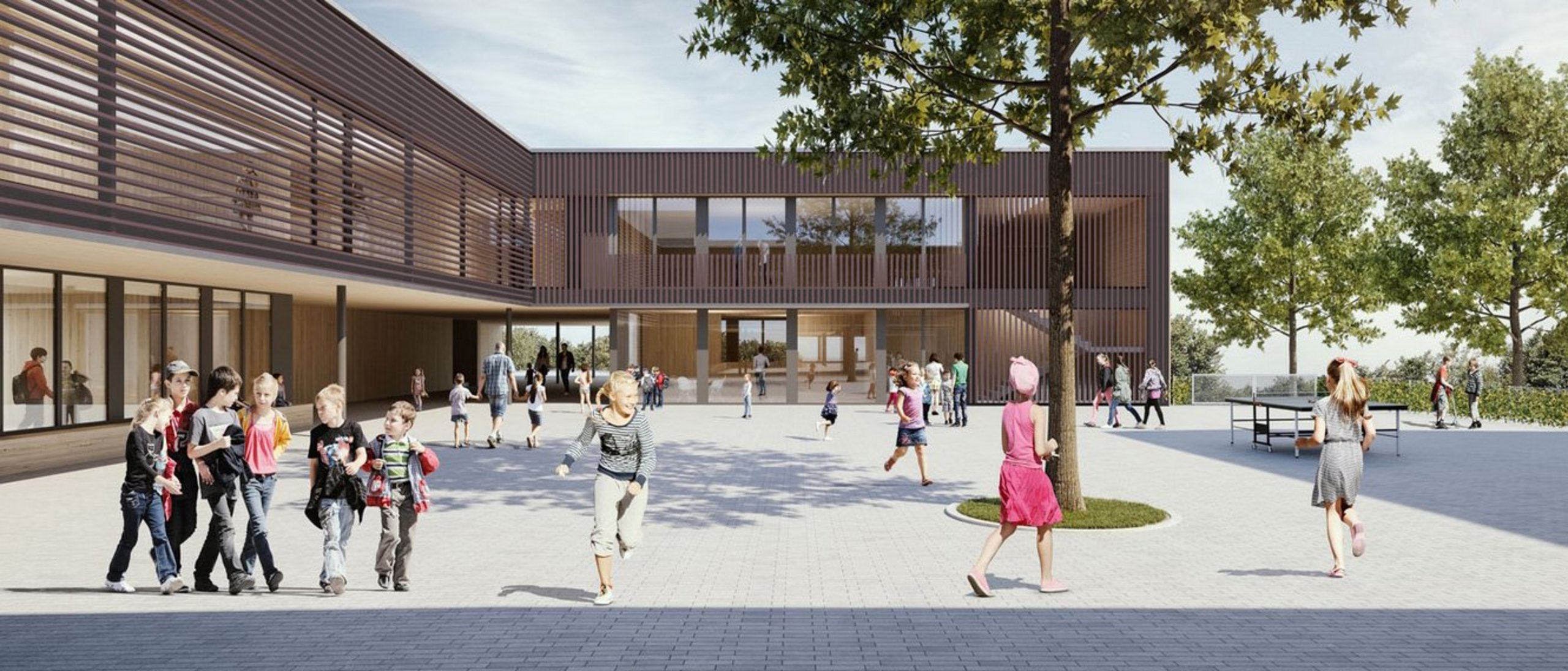 Rendering eines Schulgebäudes mit Pausenhof, auf dem Hof sind mehrere Kinder im Grundschulalter.