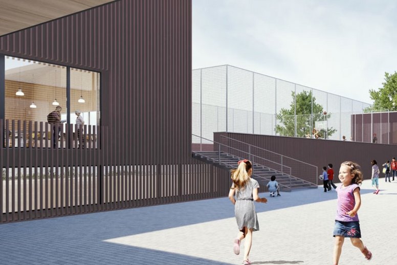 Rendering eines Pausenhofs inmitten eines Schulgebäudekomplexes, auf dem Hof sind Kinder.