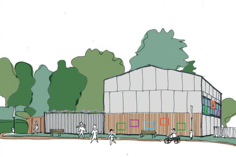 Farbige Skizze einer Turnhalle von außen, davor Personen, im Hintergrund Bäume