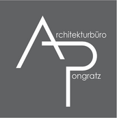 Logo von Architekturbüro Pongratz, Gestaltung: quadratisch, weiße Schrift auf grauem Untergrund