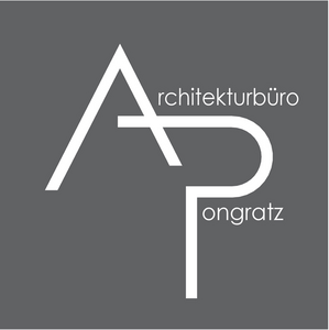 Logo von Architekturbüro Pongratz, Gestaltung: quadratisch, weiße Schrift auf grauem Untergrund