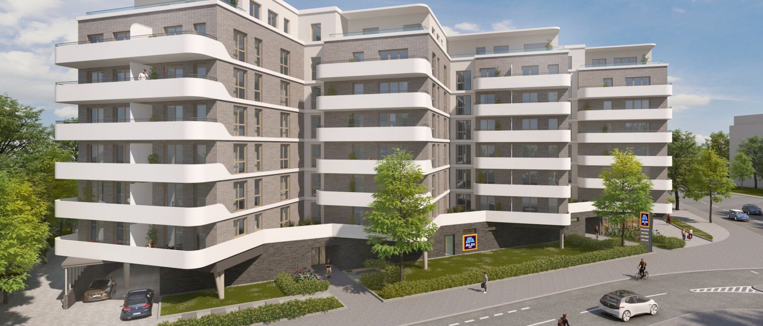 Rendering eines siebengeschossigen Gebäudes nach der Sanierung