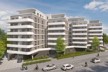Rendering eines siebengeschossigen Gebäudes nach der Sanierung