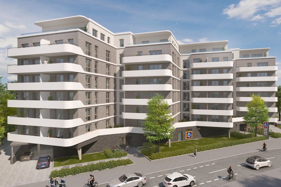 Rendering eines siebengeschossigen Gebäudes nach der Sanierung