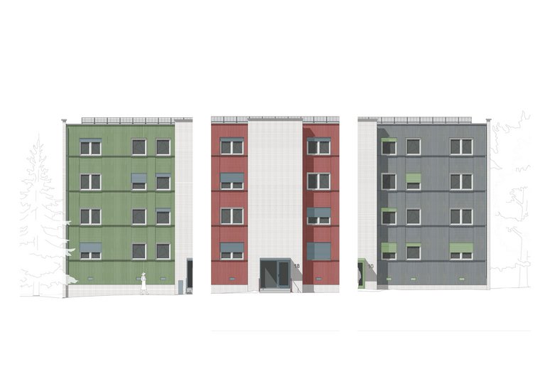Architekturzeichnung der dreiteiligen Fassade eines vierstöckigen Wohnhauses mit Farbkonzept. Der linke Gebäudeteil ist grün, der mittlere rot mit hellmarmoriertem Treppenhaus und Hausnummer 18, der rechte dunkelgrau. Alle Abschnitte besitzen ein regelmäßiges Fensterraster mit Sonnenschutz-Jalousien. Die Fassade steht auf einem hellen Sockel und wird seitlich von schematischen Bäumen gerahmt. Eine kleine Figur unten links dient als Maßstab.