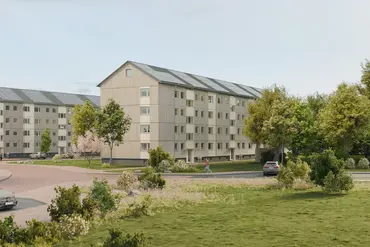 Rendering eines Wohnkomplexes mit Grünflächen