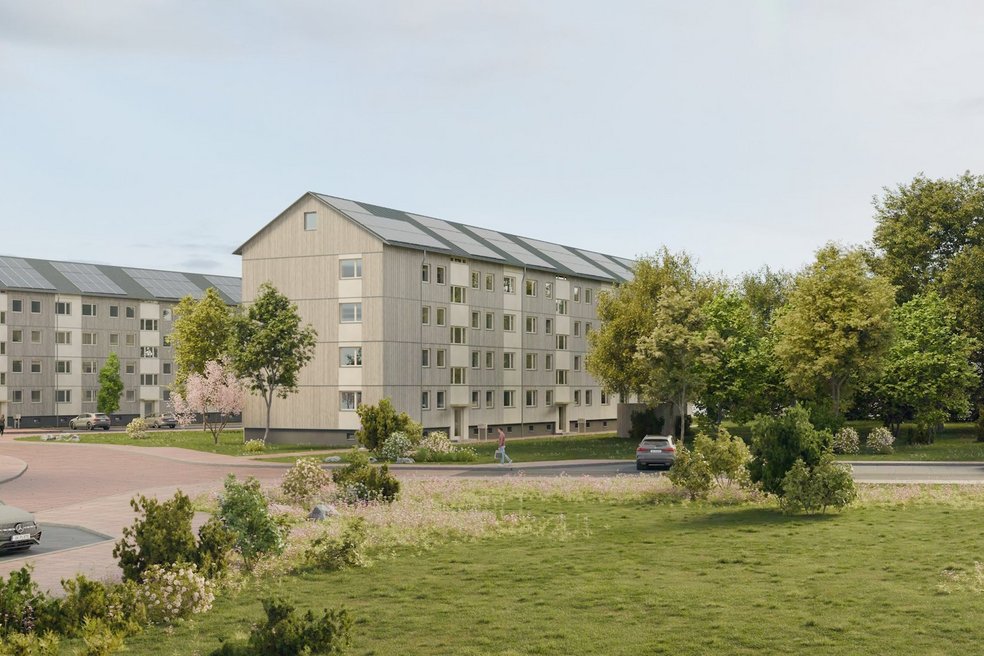 Rendering eines Wohnkomplexes mit Grünflächen
