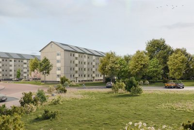 Rendering eines Wohnkomplexes mit Grünflächen