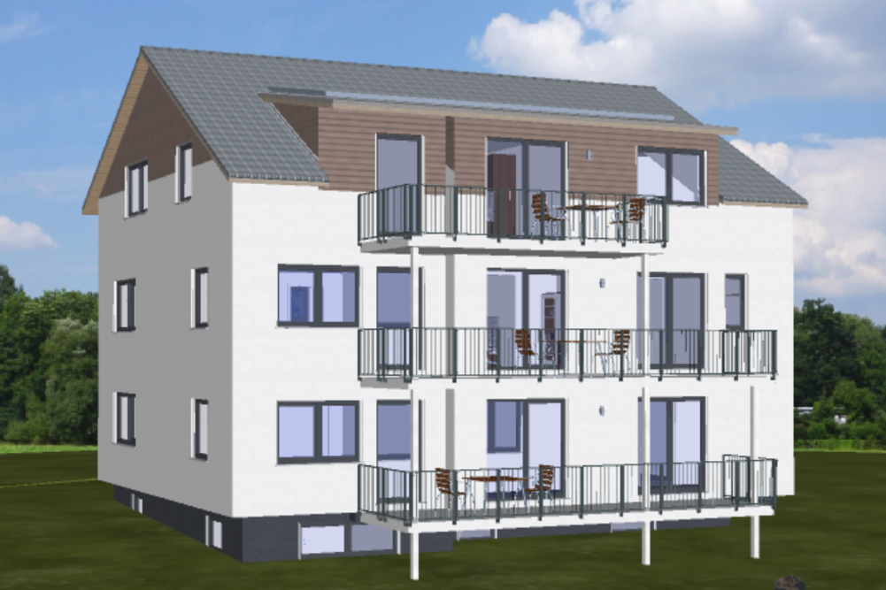 Verschieben Sie den blauen Pfeil für den Vorher/Nachher-Vergleich: Dreifamilienhaus in Rechberghausen Bild zeigt: Visualisierung des Dreifamilienhauses in Rechberghausen: Vorderansicht mit Balkonen