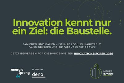Grafik mit dunklem Hintergrund und Text: Innovation kennt nur ein Ziel: die Baustelle. Jetzt bewerben für die bundesweiten Innovations-Foren 2026