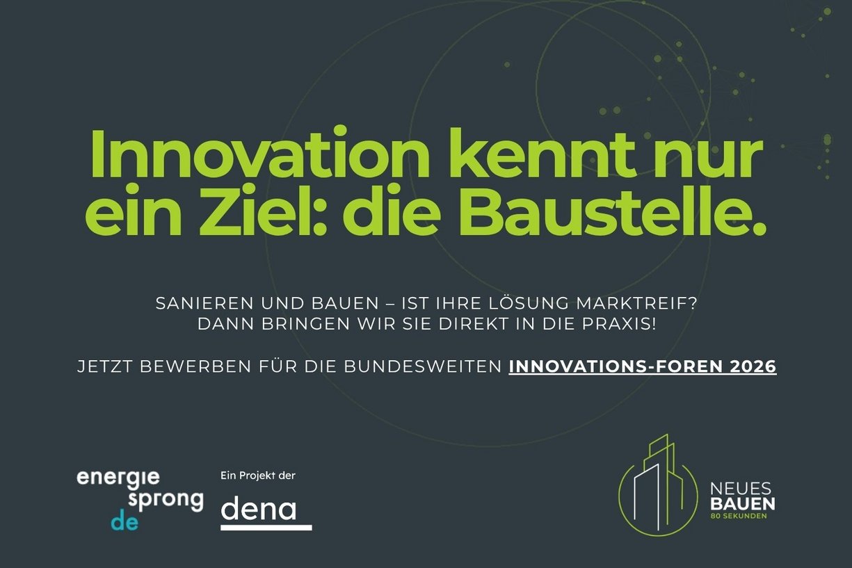 Grafik mit dunklem Hintergrund und Text: Innovation kennt nur ein Ziel: die Baustelle. Jetzt bewerben für die bundesweiten Innovations-Foren 2026
