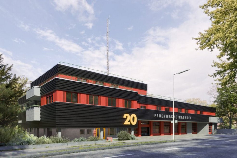 Feuerwache in Wannsee, Gebäudefassade in Schwarz und Rot, davor eine Straße
