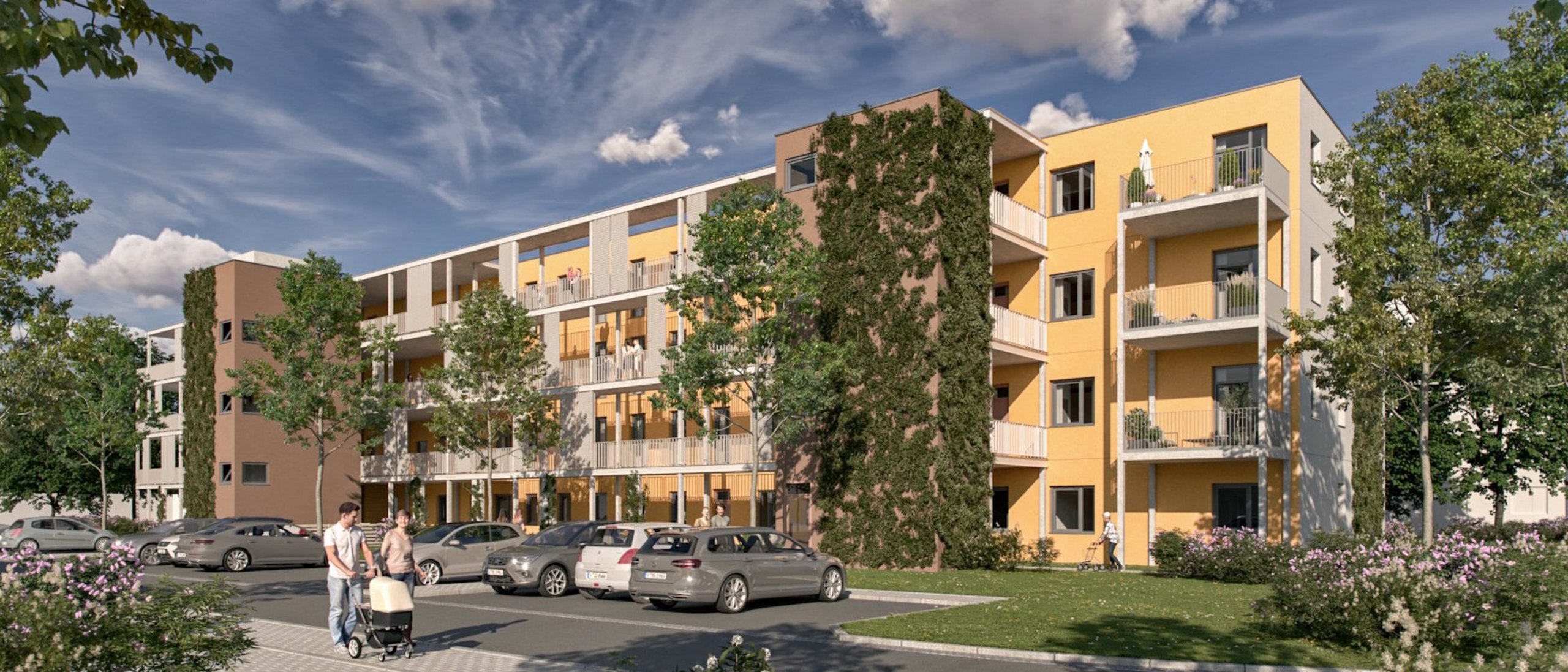 Rendering eines Mehrfamilienhauses viergeschossig, mit Balkonen und Flachdach, davor Grünflächen und parkende PKWs