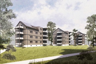 Rendering Wohngebiet, Mehrfamilienhäuser viergeschossig mit Balkonen, dazwischen Gehwege und Grünflächen