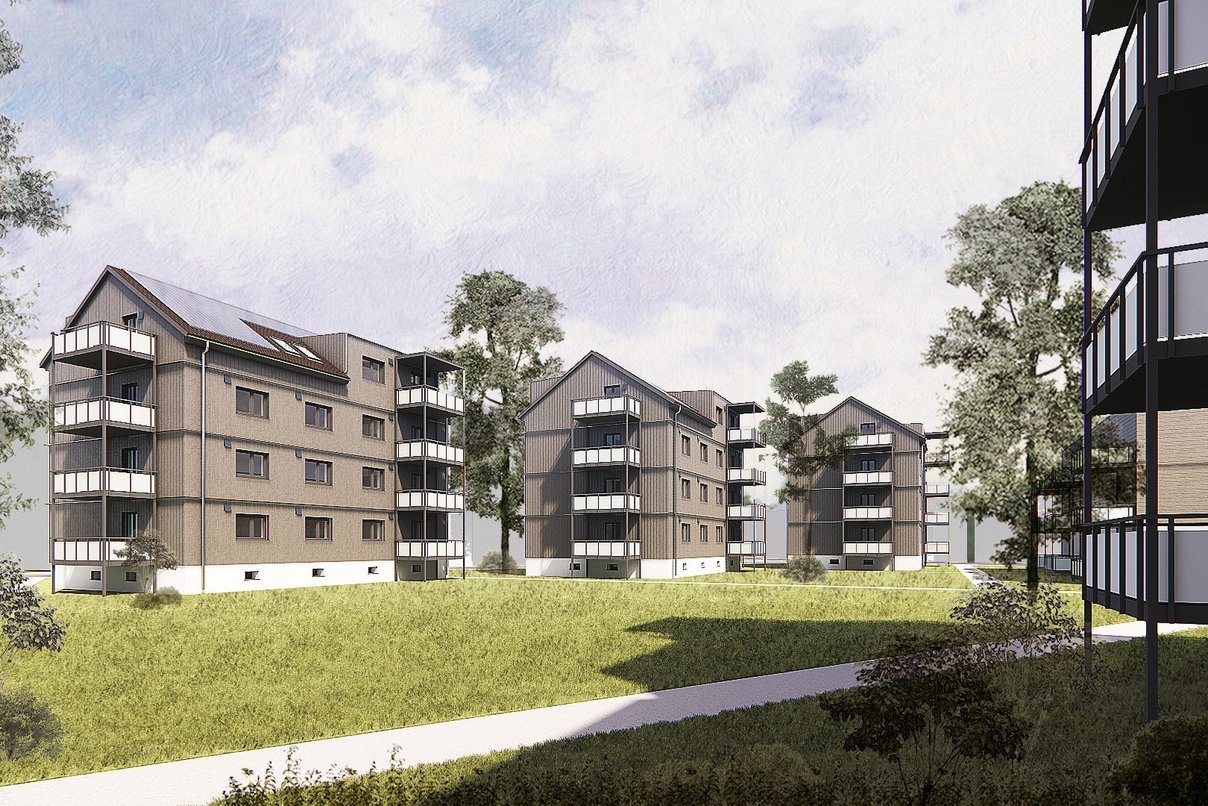 Rendering Wohngebiet, Mehrfamilienhäuser viergeschossig mit Balkonen, dazwischen Gehwege und Grünflächen