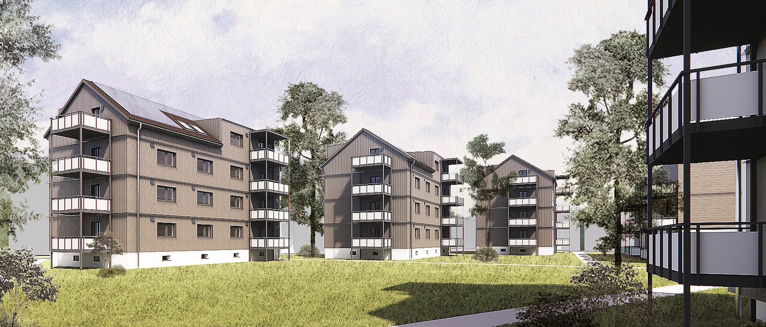 Rendering Wohngebiet, Mehrfamilienhäuser viergeschossig mit Balkonen, dazwischen Gehwege und Grünflächen