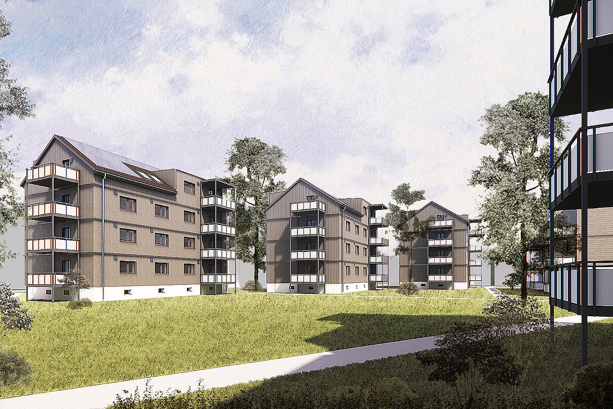 Rendering Wohngebiet, Mehrfamilienhäuser viergeschossig mit Balkonen, dazwischen Gehwege und Grünflächen