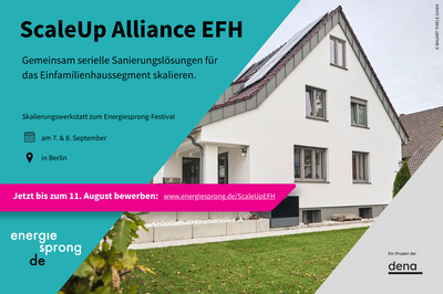 Bild zeigt Banner zur ScaleUp Alliance EFH mit Bild eines sanierten Einfamilienhauses