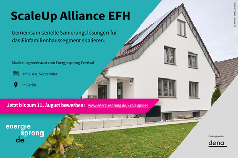 Bild zeigt Banner zur ScaleUp Alliance EFH mit Bild eines sanierten Einfamilienhauses