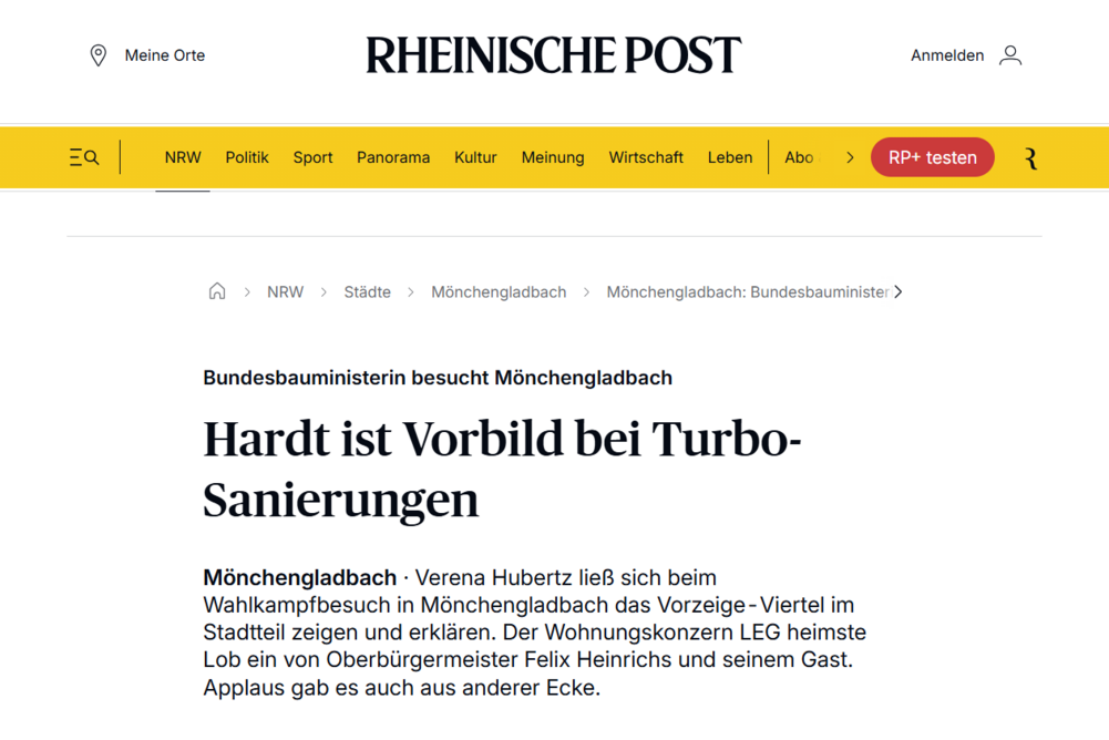 Screenshot von rp-online.de, Titel: Hardt ist Vorbild bei Turbo-Sanierungen
