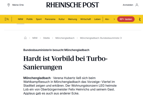 Screenshot von rp-online.de, Titel: Hardt ist Vorbild bei Turbo-Sanierungen