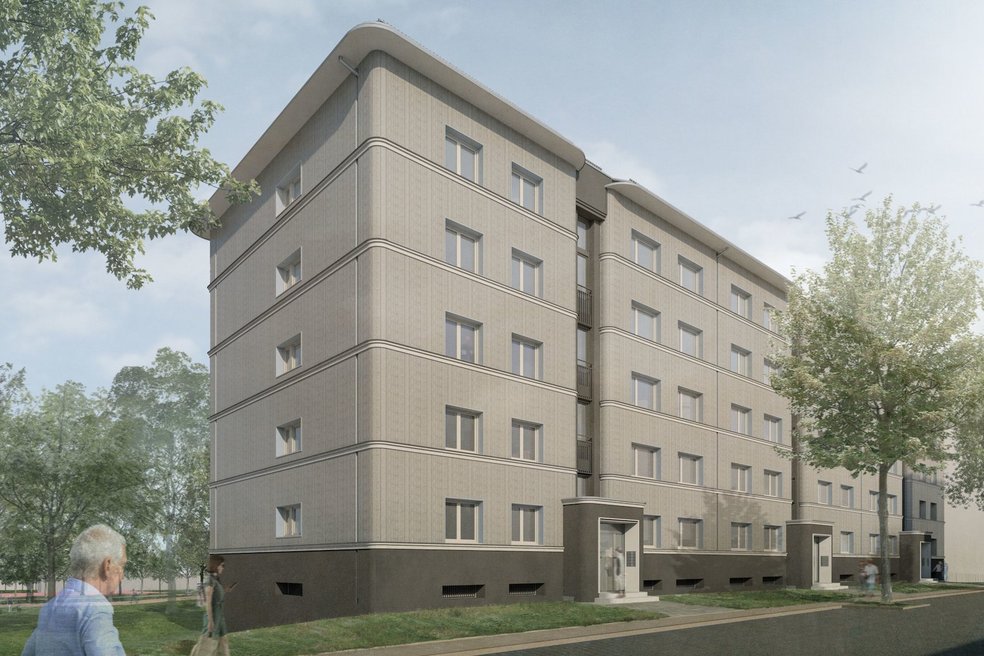 Rendering eines Mehrfamilienhauses fünfgeschossig