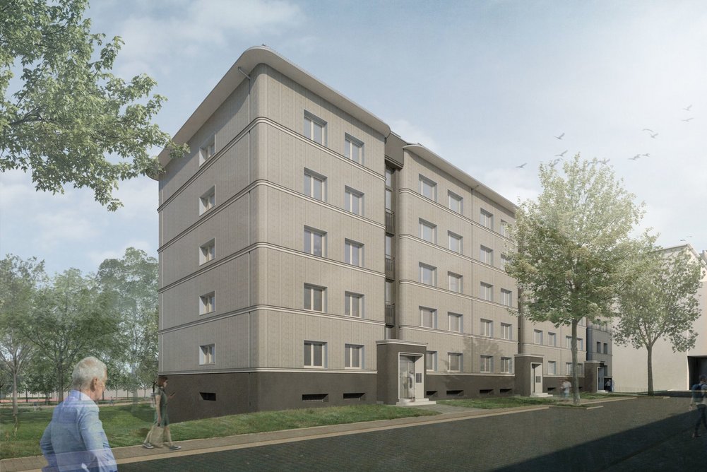Rendering eines Mehrfamilienhauses fünfgeschossig