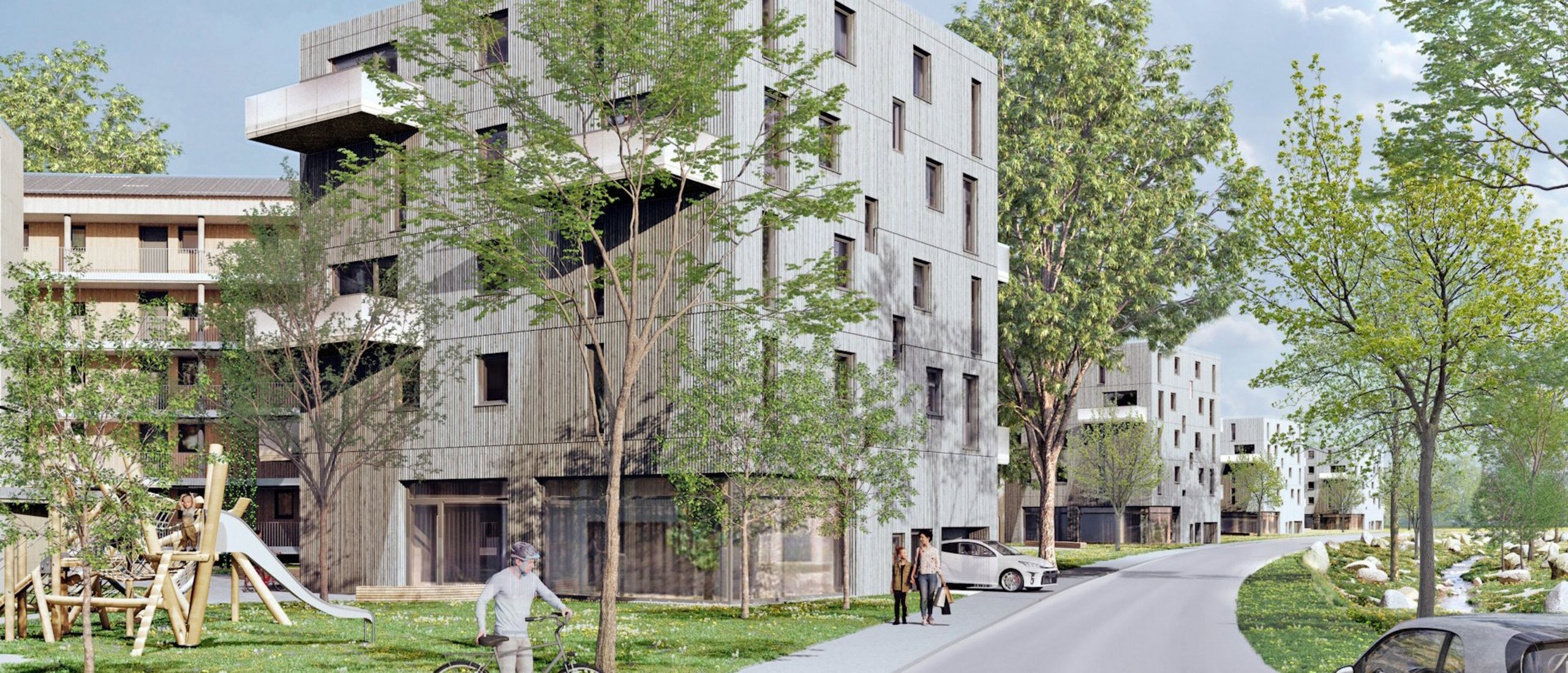Visualierung eines Wohnquartiers, mehrere Gebäude viergeschossig, Straße und Grünflächen mit Laubbäumen, Personen und Fahrzeuge