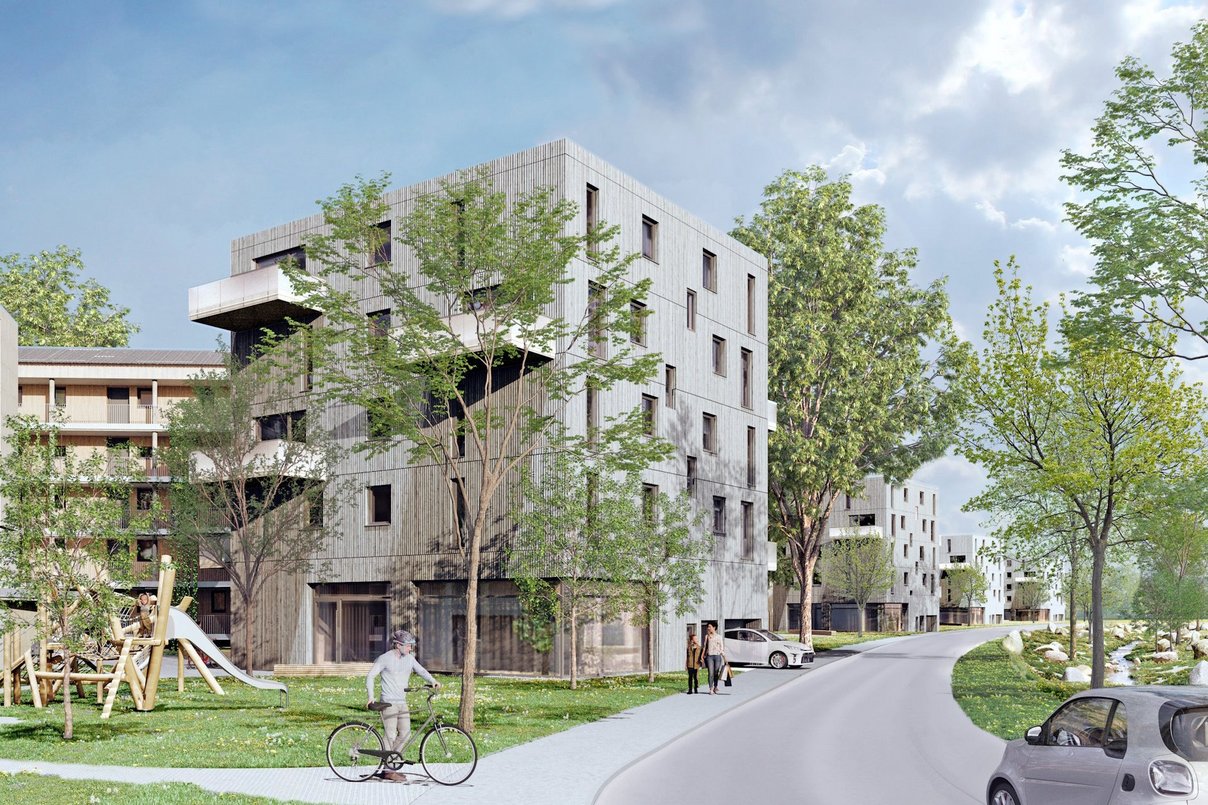 Visualierung eines Wohnquartiers, mehrere Gebäude viergeschossig, Straße und Grünflächen mit Laubbäumen, Personen und Fahrzeuge