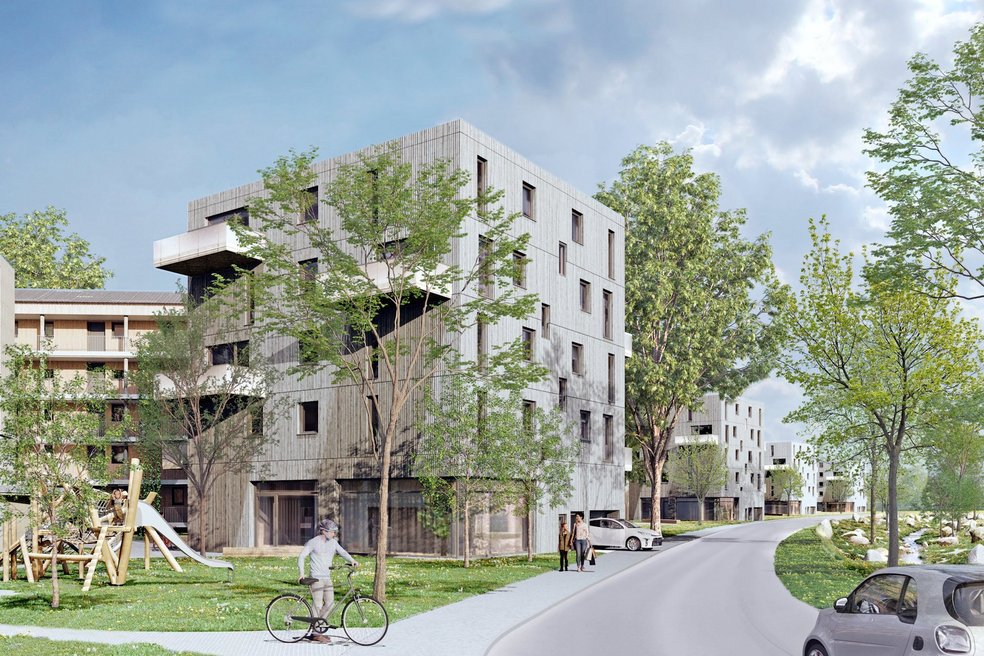 Visualierung eines Wohnquartiers, mehrere Gebäude viergeschossig, Straße und Grünflächen mit Laubbäumen, Personen und Fahrzeuge