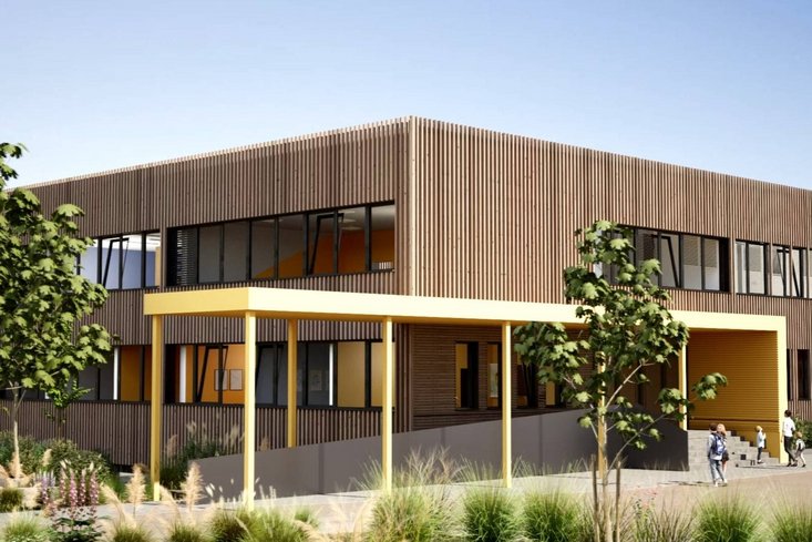 Rendering eines sanierten Schulgebäudes mit Holzfassade