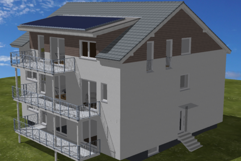 Bild zeigt Visualisierung eines Dreifamilienhauses Seitenansicht mit Balkonen