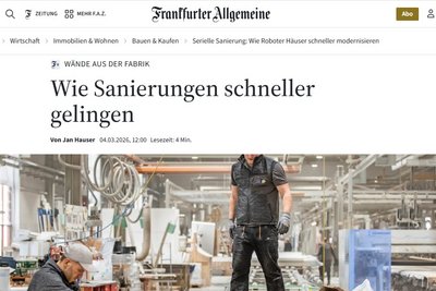 Screenshot vom Anfang des FAZ-Online-Beitrags: Wie Sanierungen schneller gelingen, Bild: Werkhallte mit Vorfertigung von Hausfassadenelementen