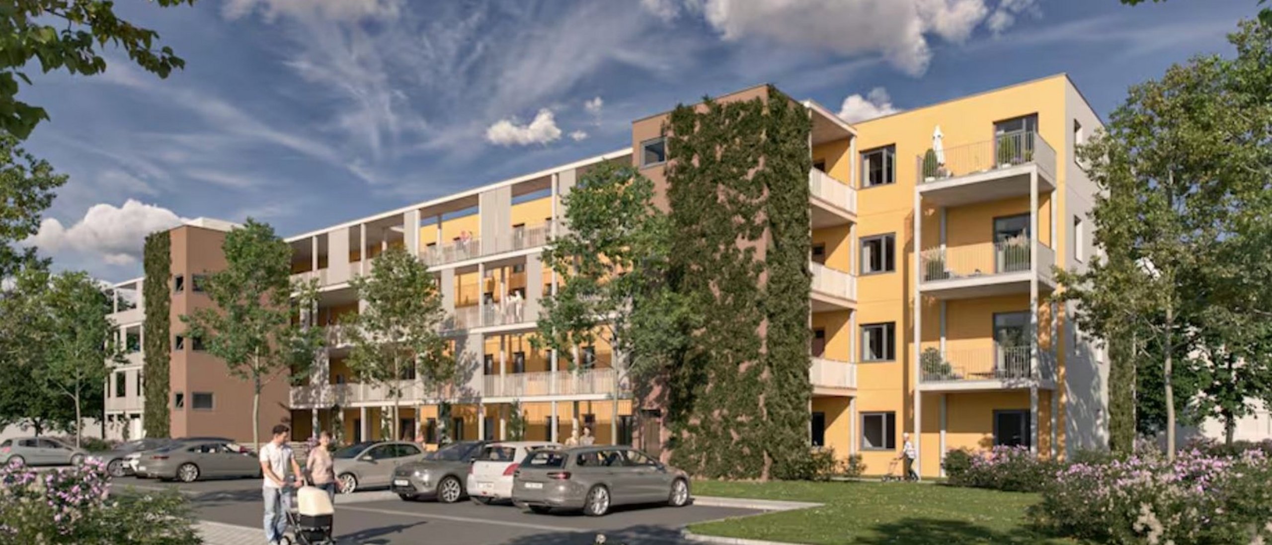 Rendering eines Mehrfamilienhauses viergeschossig, mit Balkonen und Flachdach, davor Grünflächen und parkende PKWs