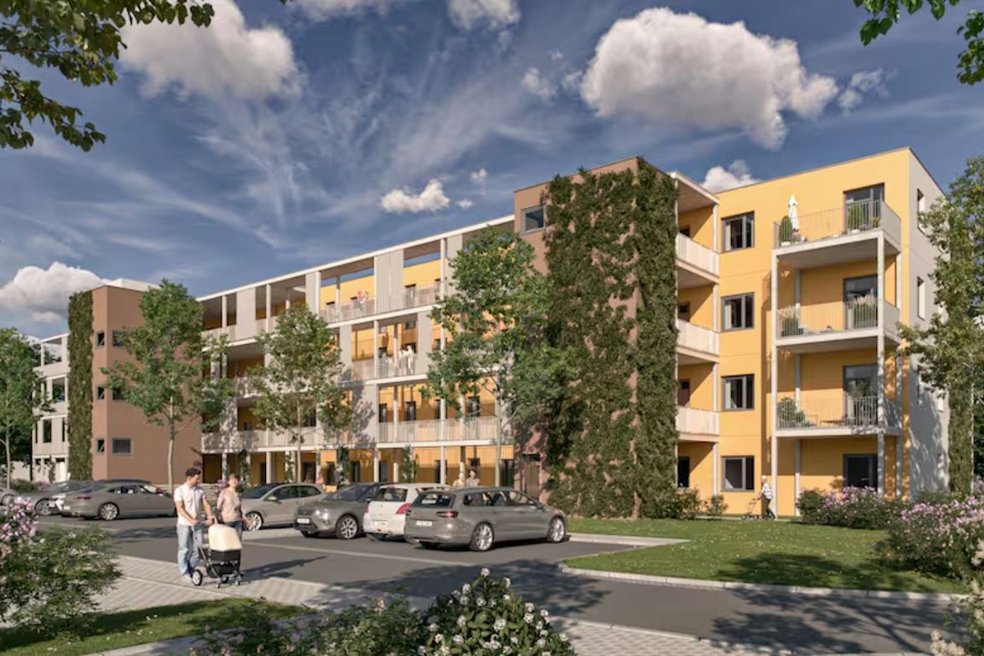 Rendering eines Mehrfamilienhauses viergeschossig, mit Balkonen und Flachdach, davor Grünflächen und parkende PKWs