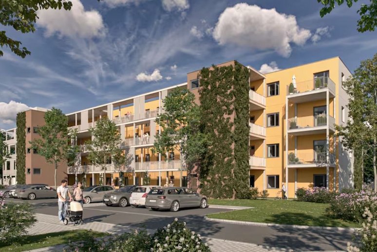 Rendering eines Mehrfamilienhauses viergeschossig, mit Balkonen und Flachdach, davor Grünflächen und parkende PKWs