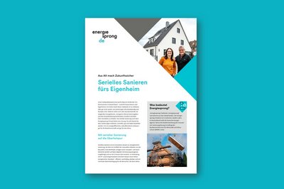 Titel vom PDF: Serielles Sanieren fürs Eigenheim. Hintergrund einfarbig türkis