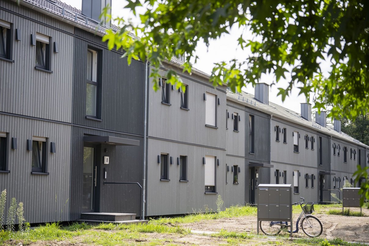 Saniertes Mehrfamilienhaus zweigeschossig, im Vordergrund ein Laubbaum