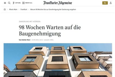 titelbild zum FAZ-Beitrag "98 Wochen Warten auf die Baugenehmigung", Foto: Front eines Wohnhauses mit Erkern 