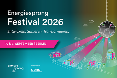 Grafischer Teaser zum Energiesprong Festival 2026 am 7. und 8. September, Diskokugel sowie Häuser und Peronen