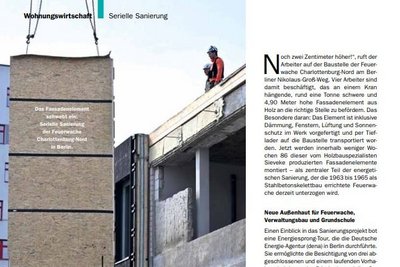 Ausschnitt aus dem Magazin Die Wohnungswirtschaft, Text und Foto mit zwei Bauarbeitern
