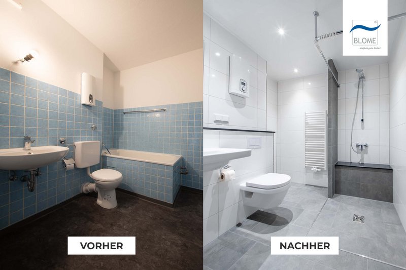 Vorher-/Nachher-Bild von einem Badezimmer, vorher mit Badewanne, nachher mit Dusche