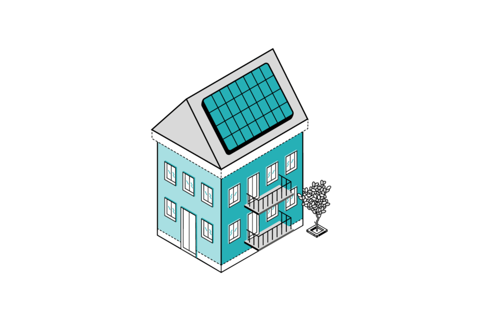 Grafik zur Fertigstellung eines Gebäudes, Gebäude mit PV-Anlage auf dem Dach.