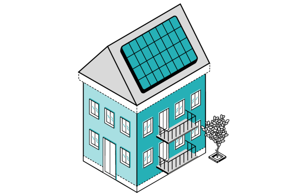 Grafik zur Fertigstellung eines Gebäudes, Gebäude mit PV-Anlage auf dem Dach.