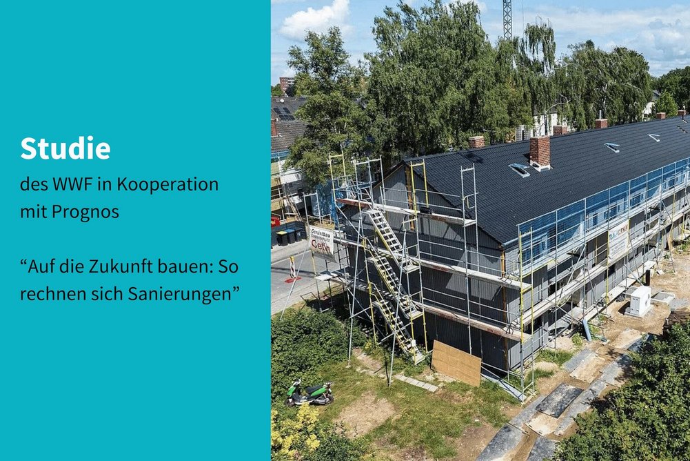 Mehrfamilienhaus zweigeschossig mit Baugerüst, Text: Studie des WWF in Kooperation mit Prognos "Auf die Zukunft bauen: So rechnen sich Sanierungen"